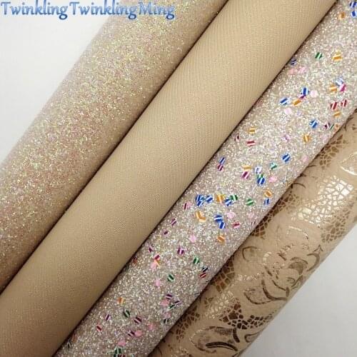 BEIGE Glitter Fabric, Flowers Embossed Faux Fabric, Litchi Synthetic Fabric Sheets For Bow A4 21x29CM Twinkling Ming XM979
