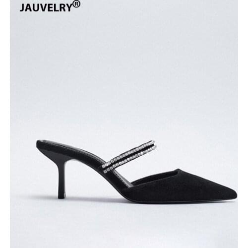 2021 Spring Fashion Black Velvet Sandals Women Sexy High Heels Mules Shoes Pointed Toe Crystal Design Party Women Slippers