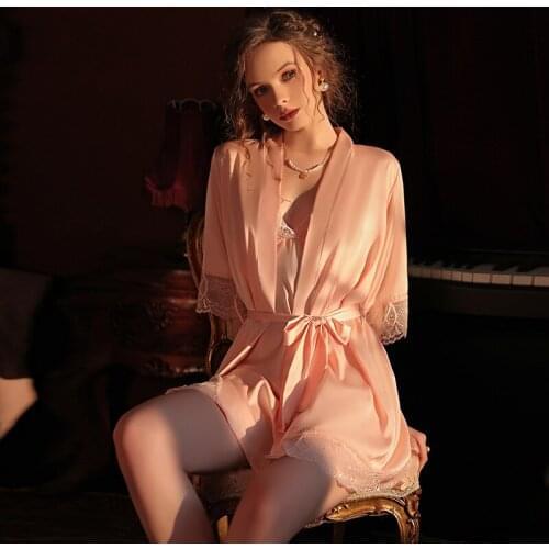 Women Deep V Lace Bandage Kimono Bathrobe Sexy Bridesmaid Cardigan Robe Home Wear Female Silky Satin Splice Robe Set Sleepwear