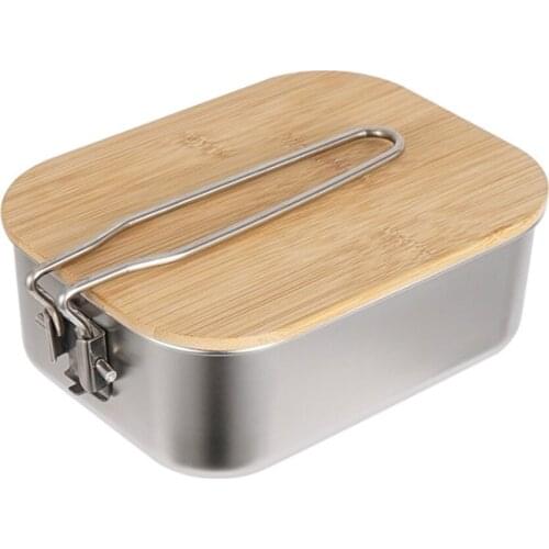 Stainless Steel Lunch Box Portable Picnic Dinnerware with Creative Bamboo Wood Cutting Board Cover Rectangle Camping Soup Pot