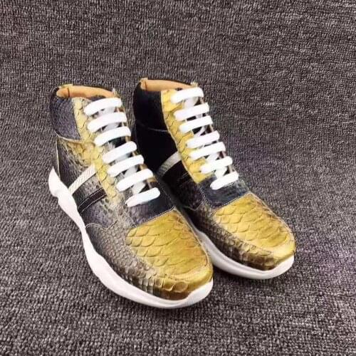 Top quality 100% real genuine python skin snake leather gold color men boots winter shoe with genuine cowhide skin lining