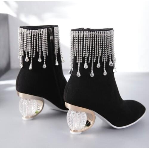 OLOMLB US4-11 Womens Round Toe Suede Leather Ankle Boots Rhinestones Crystal Tassels Ball Strange High Heel Luxury Shoes Black