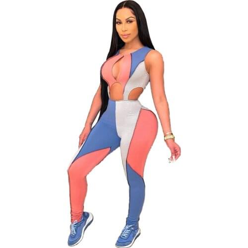 Casual Sportswear Color Block Romper Women Jumpsuit Sexy Patchwork Sleeveless Hollow Out Leggings Bodycon Body Jumpsuit Women