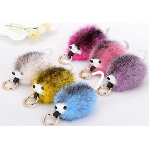 Fluffy hedgehog animal cartoon keychain for bags pom pom mink fur keyring women bag charm accessories llavero manualidades