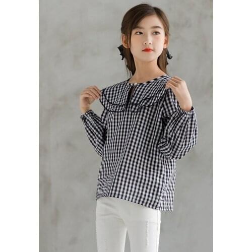 Childrens Clothing Plaid Shirt 8 10 12 14 Years Teenage Girl Long Sleeve Cotton Blouses For School Girls Peter Pan Collar Tops