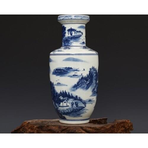 Hand painted blue and white ceramic vase antique jingdezhen vases mountains in the Qing Dynasty