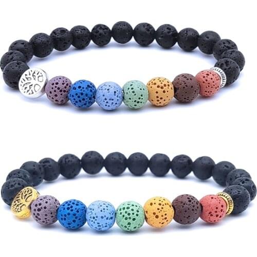 Seven Chakra Women Men Tree of Life Charm Bracelet Black Lava Stone Beads Buddha Yoga Strand Lover Friendship Bracelet Jewelry