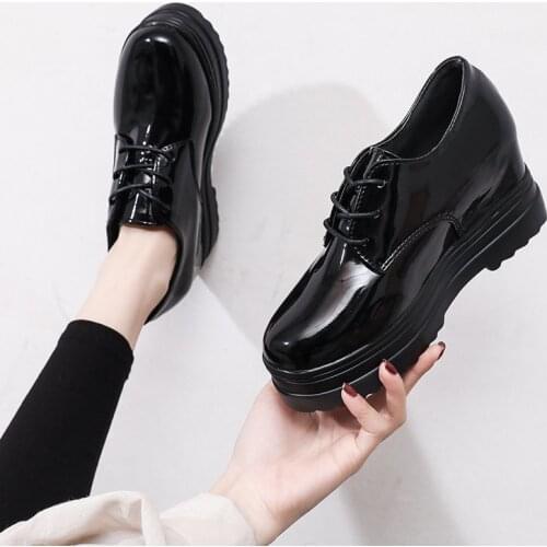 Spring Autumn Female Shoes Patent Leather Platform Shoes Lace Up Thick Sole Casual Shoes Black Oxford Shoes 8911L