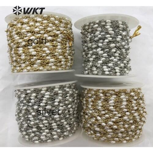 WT-RBC069 Fresh Water Pearl Rice Shaped Rosary Style Beaded Chain Handmade Wire Wrapping Chain For Making Women Fashion Jewelry