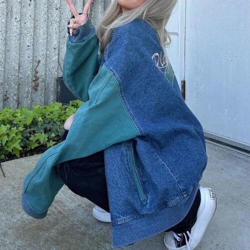 B-TOTO American Retro Green Stitching Denim Jacket Female Tide Ins Autumn Loose Baseball Uniform 2021 New Fashion