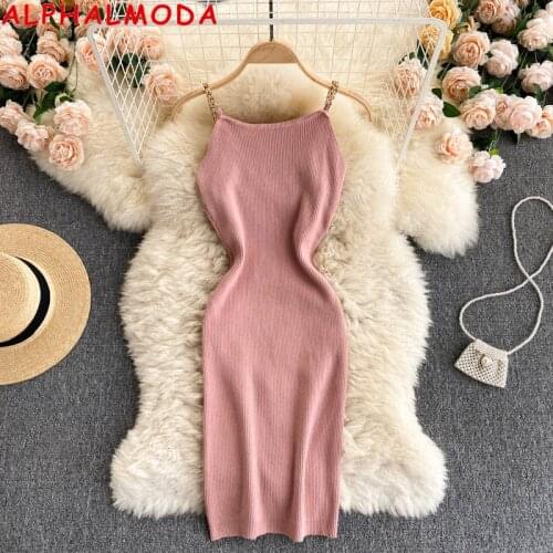 ALPHALMODA 2021 Summer Trendy Chain Strap Solid Women Fashion Knitting Sling Dress Girls Sexy Tight Bodycon Mini Dress