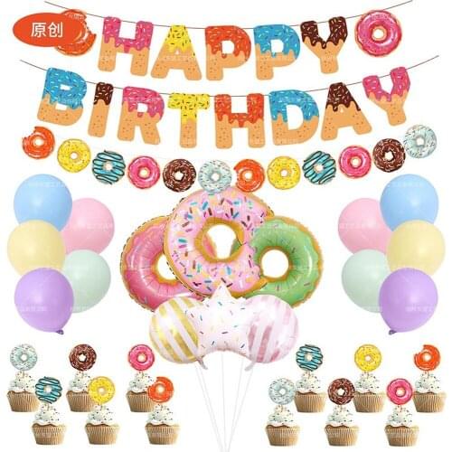 1set Donut Theme Balloon Aluminum Film Balloon Cake Insert Banners Birthday Party Decorations Kids Happy Birthday Baby Toys Gift
