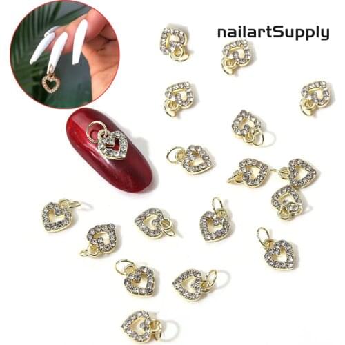 10PCS Heart Dangle Glitter Diamond Nail Art Alloy Decoration Pendant Charm Manicure Rings For 3D Tips Acrylic Decor 8*12MM RR4