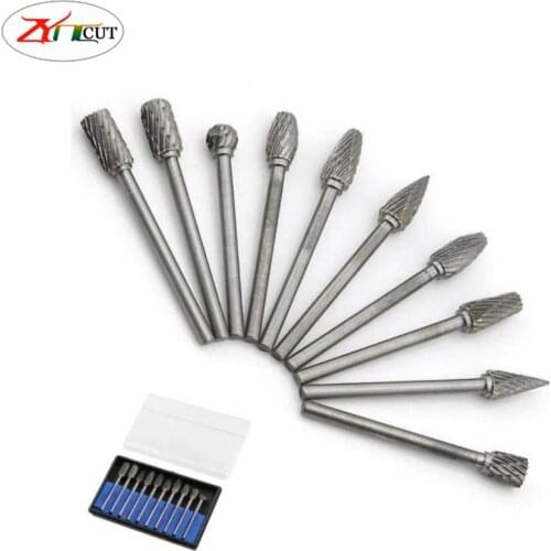 10pcs set handle 3mm Edge 6mm Carbide rotary file tungsten steel grinding head alloy metal wood mold carving milling cutter