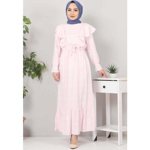Beli Bağcıklı Tesettür Elbise TSD4404 Pudra