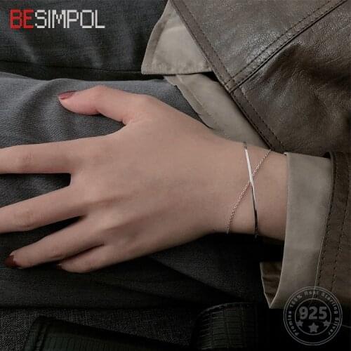 Besimpol Real 925 Silver Double layer Bracelet Jewelry Minimalist High Quality Cross Bracelets for Women Simple Silver Bracelet