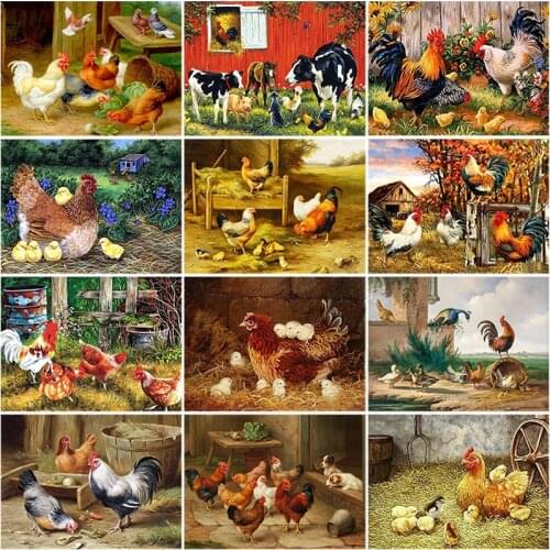 DIY 5D Diamond Painting Rooster Hen Chicken Full Round Diamond Embroidery Cross Stitch Mosaic Picture of Rhinestone Home Decor