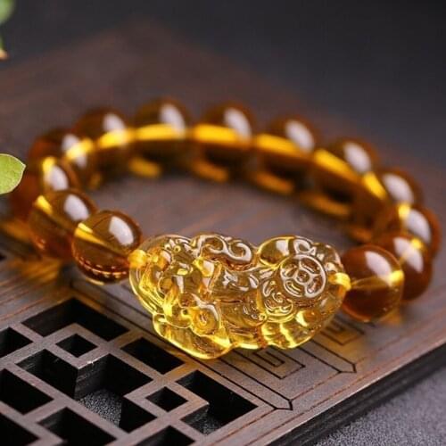 FYJS Unique Yellow Citrines Crystal Engraved Fabulous Wild Beast Connect 10 mm Round Beads Bracelet Classic Jewelry
