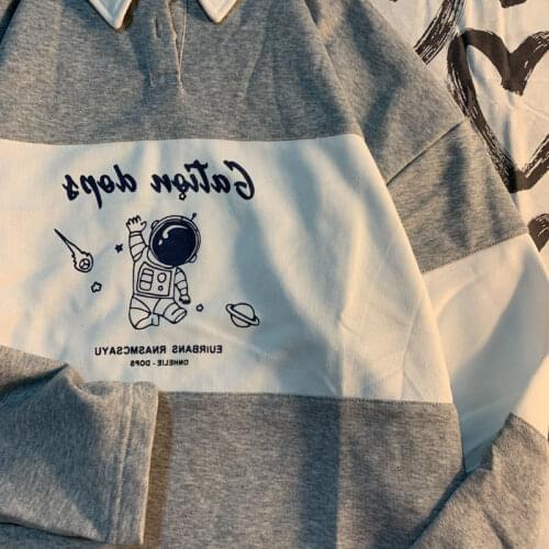 Korean Couples Cotton Top Polo Shirt Loose Leisure Space-astronaut Fashion Printing Loose Clothes On Harajuku