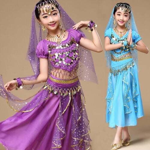4pcs Girl Belly Dancing Costume Set Kids Indian Dance Costumes For Girls Performance Girl Bellydance Children Egypt Dance Purple