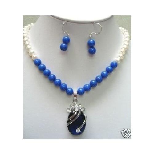 Pretty !7-8MM White Pearl Lazuli Lapis Beads Necklace