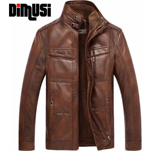 DIMUSI Leather Jacket Men Winter Leanther Jacket Solid Thick Coat Male Thermal Fleece Casual Stand Collar Clothing 5XL,YA512