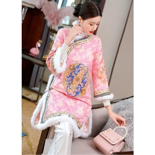 Traditional Chinese style retro embroidered big size rabbit fur hem cotton lining long section jacket outwear with for women