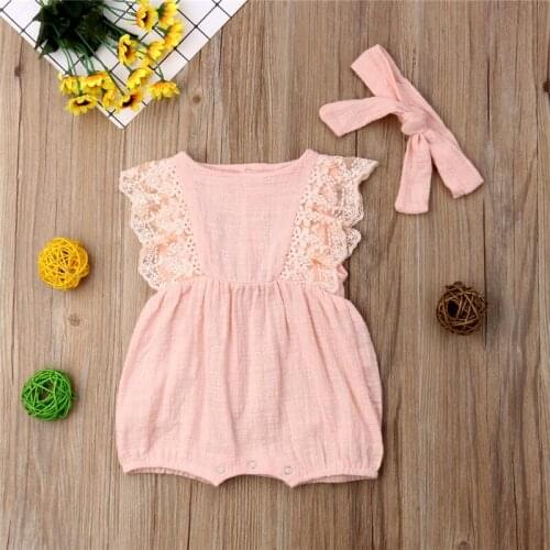 Summer Sleeveless Lace Jumpsuit Outfits Clothes Girl Headband Solid 0-24M Toddler Newborn Kids Baby Girls Cotton Bodysuit