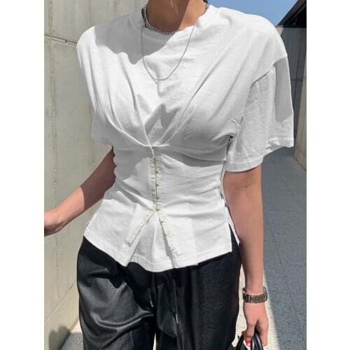 New Fashion Slim Fit Corset Short Section Wide Shoulder Sleeve Fashion Top White Round Neck Breasted T-Shirt Elastic Lightweight