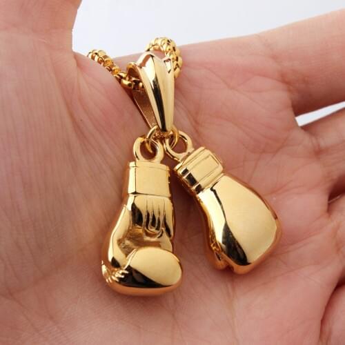 Mens Jewelry Gold Stainless Steel Double Boxing Glove Pendant Free Box Necklace Casual Design
