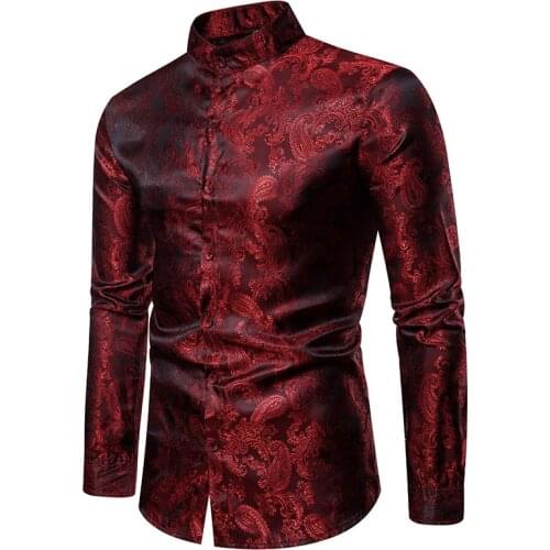 Red Blue White Gray 2019 Men Brand Fashion Luxury Dark Embroidery Slim Dress Shirts Bussiness Wedding Party Singer Stage Shirt