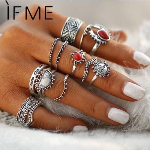 IF ME Vintage Bohemian Midi Finger Rings Set for Women Moon Sun Ethnic Red Natural Stone Knuckle Rings Jewelry Gift 14pcs/set