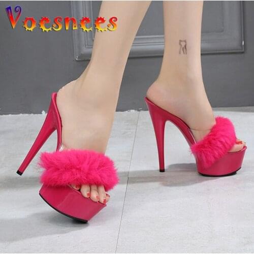 15cm New 2021 Sandals Slippers Rabbit Hair Super High-heeled Shoes Slim-heeled Sexy Black Waterproof Platform Shoes