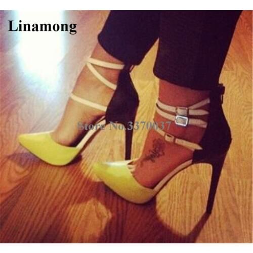 New Fashion Women Pointed Toe Stiletto Heel Patchwork Pumps Ankle Straps Yellow Leather High Heels Formal Dress Shoes
