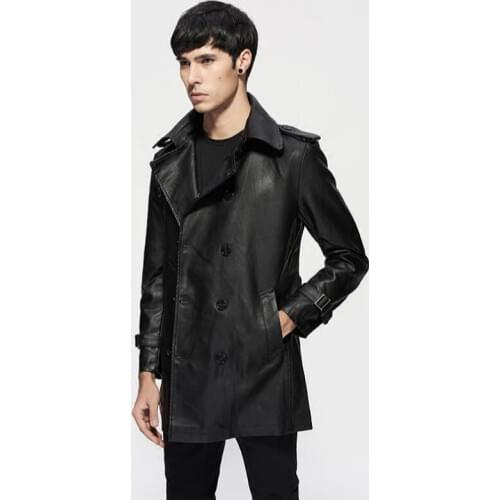 2020 spring and autumn new Men thin belt lapel leather windbreaker male long section Korean jackets Mens slim trend Trench coat