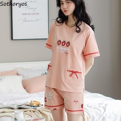 Pajama Sets Women Cartoon Printed Cotton Soft Bows Lovely Trendy Homewear Fashion Sleepwear Elegant Students O-neck Loose Casual