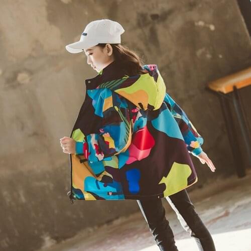 10 12 years Girls Print Trench Coat Autumn Fashion Casual Hoodie Outdoor Jackets Teen Girls Outfit