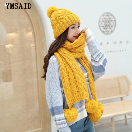 Ymsaid Womens Winter Hat Scarf Set Wool Knitted Hat Female Fur Pompom Hats For Women Lady Bonnet Thick Warm Ski Cap Collar