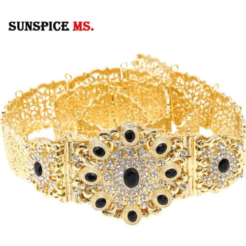 SUNSPICE-MS Gold Color Morocco Caftan Metal Waist Belt For Women Ethnic Wedding Body Jewelry Red&Green&Black Crystal Waistband