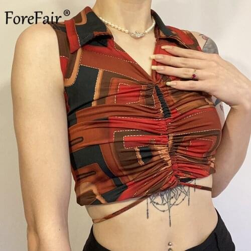 Forefair Turn Down Collar Print Tank Top Sleeveless Ruched Drawstring Crop Top Vintage Y2K Women Beach Holiday Streetwear 2021
