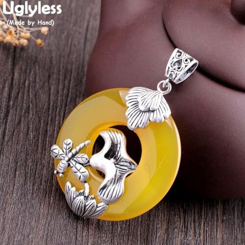 Uglyless Pretty Yellow Chalcedony Gemstones Pendants for Women Real 925 Thai Silver Leaf Lotus Dragonfly Necklaces NO Chain P907
