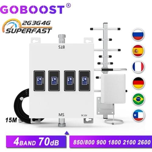 GOBOOST four band cellular mobile phones screen amplifier 800 900 1800 2100 2600 LTE 4G signal booster quad band repeater 3g 850