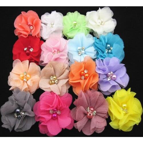 XIMA 80pcs/lot DIY 2" Mini Chiffon Flowers with Pearl and Rhinestone Lace flowers 16 Colors Mixed for Kids Hair Accessories