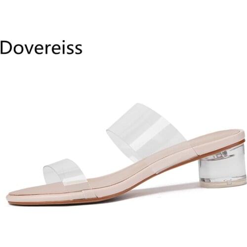 Dovereiss Fashion Womens Shoes summer new Narrow Band Consice Sexy beige Elegant PVC Chunky Heels Slippers Sandals 4 cm