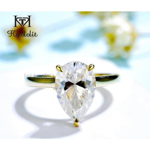 Kuololit 4CT Moissanite 585 14K 10K Yellow Gold Rings for Women Pear Cut Solitaire Hidden Halo Claw Prongs Ring for Engagement