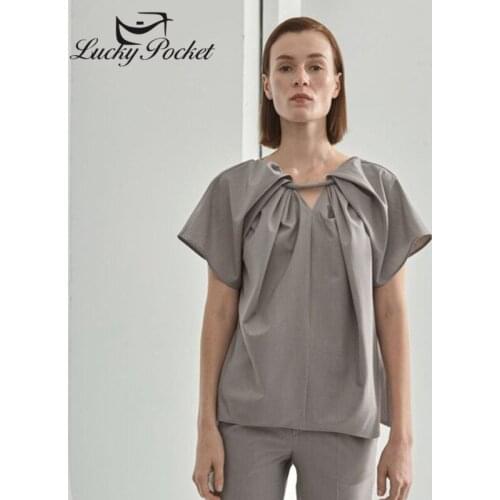 Women Summer New Solid Color Pleated Shawl Short T-Shirts Feamle V-Neck Brand Tee High-Quality Ladies Fashion Casual Tops ZM34