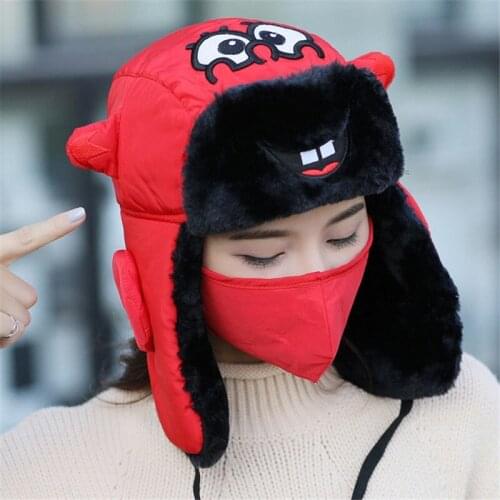 Winter Bomber Hats Womens Russian Cartoon Earflap Cap Windproof Trapper Hat Snow Ski Waterproof Balaclava Caps with Mask