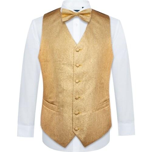 Gold Solid Suit Vests Mens Silk Waistcoat Vest Handkerchief Bowtie Butterfly Set Formal Grade A Floral Barry.Wang Designer