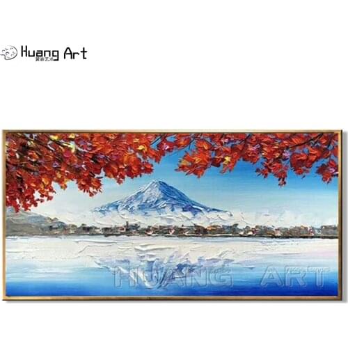 100% Hand-painted Mount Fuji Japan Landscape Oil Painting on Canvas for Living Room Decor Snow Mountain Scenery Wall Painting