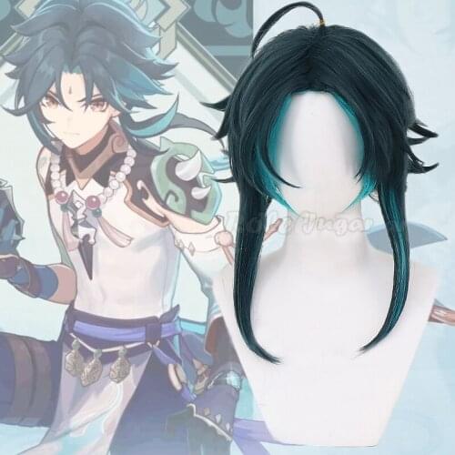 40cm Genshin Impact Xiao Anime Cosplay Wigs Men Green Mixed Heat Resistant Synthetic Hair Halloween C30M151
